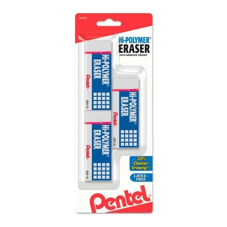 Pentel Hi-Polymer Eraser, Rectangular, Medium, White, Latex-Free Hi-Polymer, 3/Pack ZEH10BP3-K6